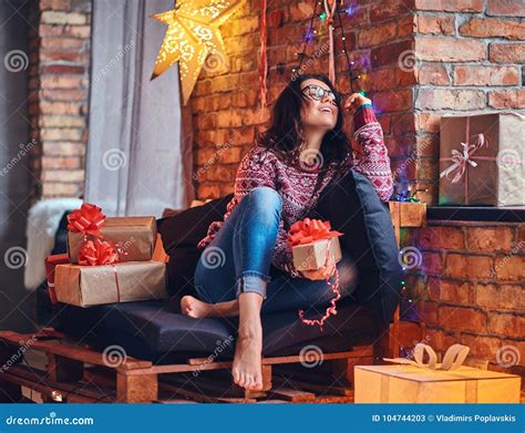 Brunette Female In A Room With Christmas Decoration Stock Image Image Of Curly Commercial