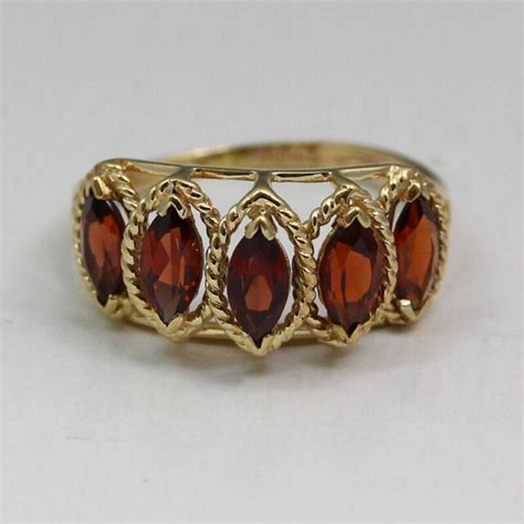 Vintage 10k Yellow Gold 5 Marquise Cut Garnet Stone Ring Band Size