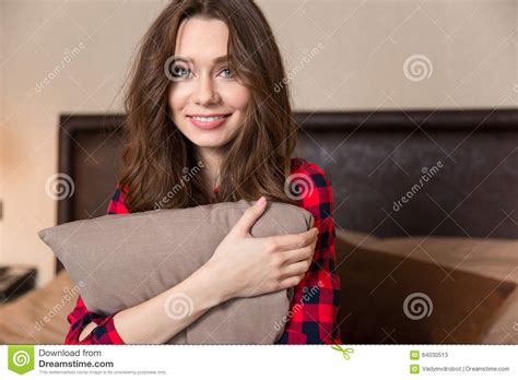 Smiling Woman Sitting On The Bed With Pillow Stock Image Image Of Cute Adult 64030513