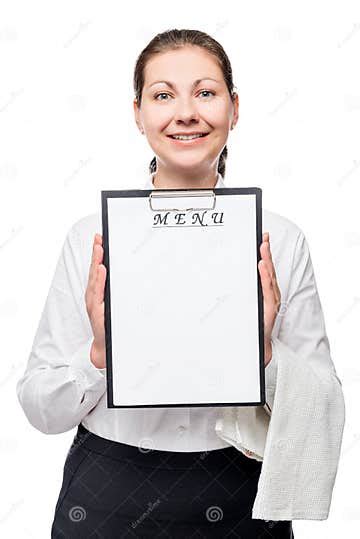 Happy Waitress With A Blank Menu Entry On A White Stock Photo Image