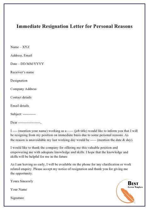Personal Reasons Sample Resignation Letter With Reason Effective