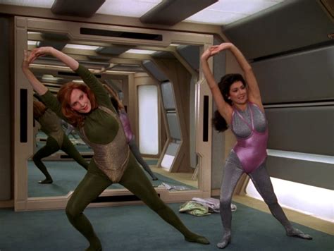 Deanna Troi And Beverly Crusher Exercising In Tights Gates Mcfadden Marina Sirtis Marina