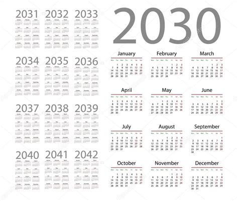 Calendario Sencillo 2030 Sobre Fondo Blanco Ilustración Vectorial 2024