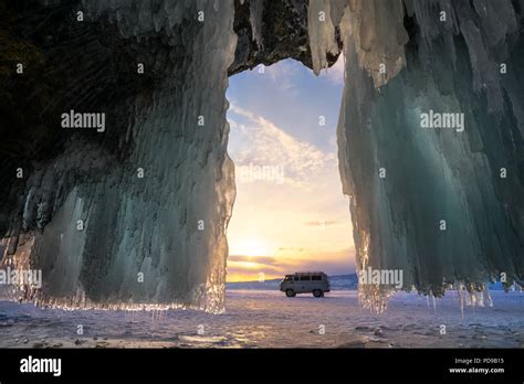Ice Cave On Olkhon Island On Baikal Lake In Siberia At Winter Time