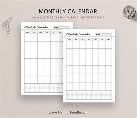 Undated Monthly Planner Monthly Calendar A5 A4 Letter Size