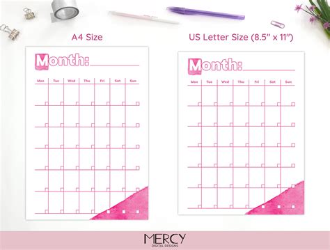 Blank Calendar Printable Pink Watercolor Calendar Undated Etsyde