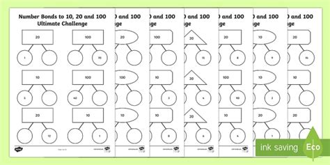 KS1 Number Bonds to 10, 20 and 100 Ultimate Challenge Worksheet