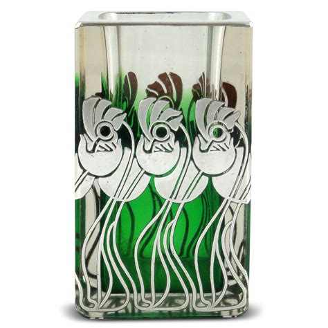 Art Nouveau Glass Vase Shading From Green To Clear With Silver Overlay In The Style Of Koloman