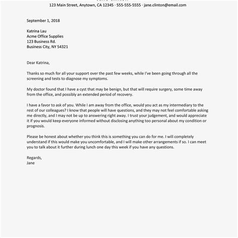 Avoid sending it at the time when you should already be at the office. Letter Examples Informing a Colleague About an Illness