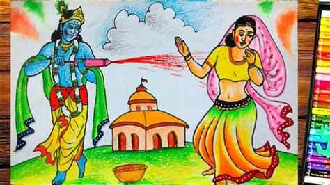 Happy Holi Drawingradhakrishna Holi Drawing Oil Pastel Color Youtube