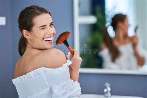 Beautiful Brunette Woman On Bathroom Scales In The Bathroom Stock Image Image Of Beauty