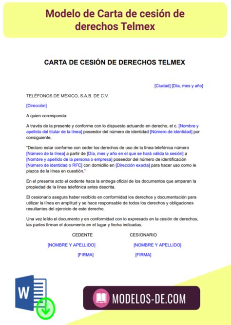 Carta De Cesión De Derechos Telmex En Word Gratis