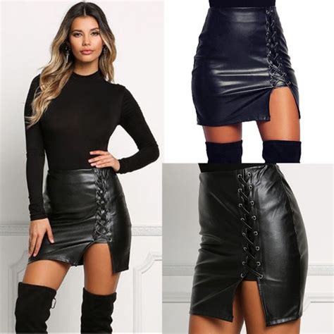 Sexy Black Lace Up Pu Leather Skirts Springn Womens Side Slit Pencil Skirts Vintage High Waist