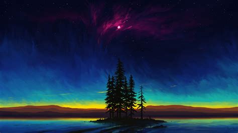 Wallpaper Digital Painting Landscape Lake Night Sky Bisbiswas