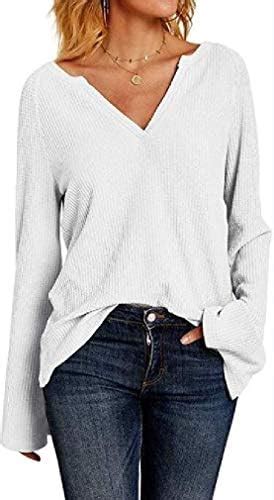 Grmo Women V Neck Solid Waffler Knit Pagoda Sleeve Tops T Shirt Top Blouse White Xs