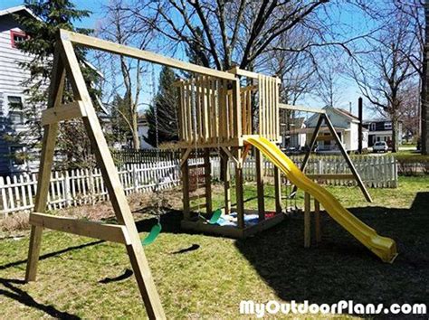 This swing set with a clubhouse is a fairly easy diy project that still has some pretty amazing results. DIY Outdoor Swing Set | MyOutdoorPlans | Free Woodworking ...