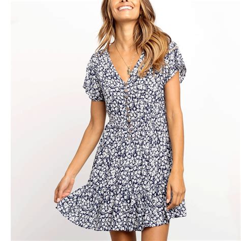 V Neck Single Breasted Printed Short Sleeve Skater Dresses Casual Beach Dress Short Sleeve