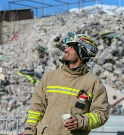 Turkish Firefighter Rescues Cat From Earthquake Rubble And Thankful Kitty