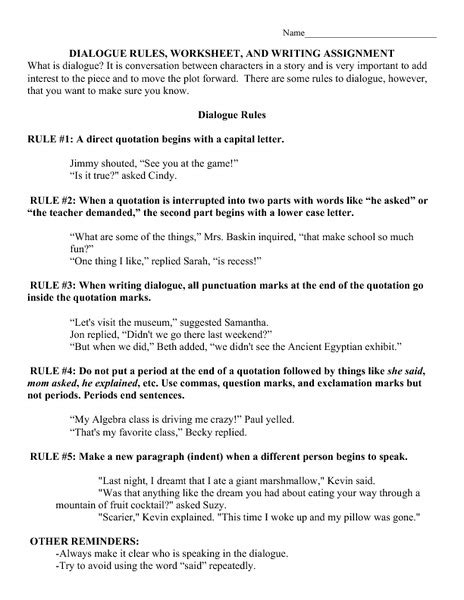 Dialogue Rules Worksheet And Writing Assignment Handouts And Reference