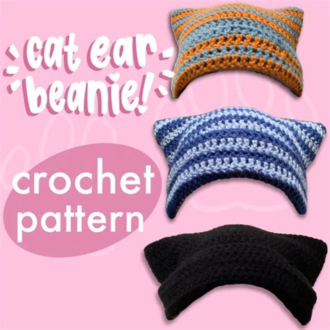 Pattern Cat Ear Striped Beanie Crochet Pattern Etsy