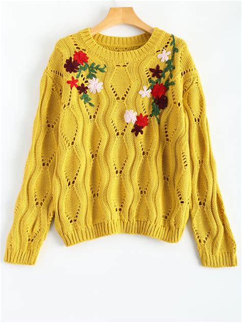 Floral Embroidered Cut Out Pullover Sweater Yellow Sweaters One Size
