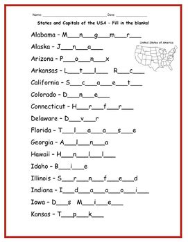 States And Capitals Printable Worksheet Fill In The Blanks Tpt