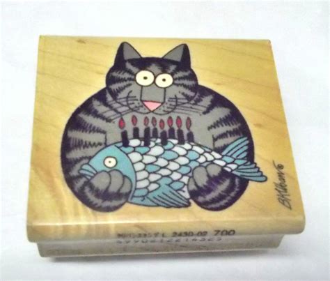 Kliban Cat Rubber Stamp Holding A Fish With Birthday Candles On Top