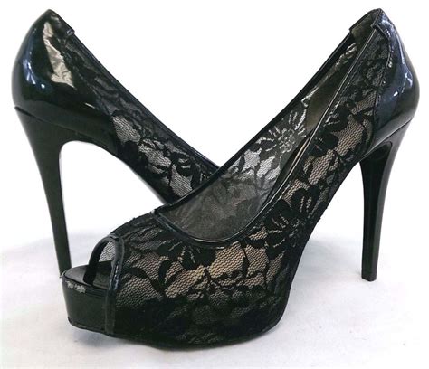 Guess Womens Party Black Lace Platform Peep Toe High Heels 75 M Euc