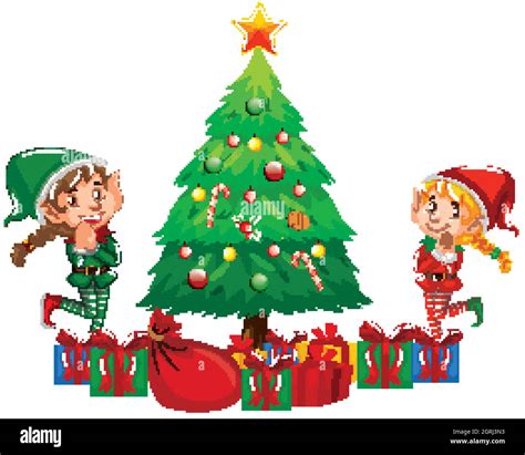 Two Christmas Elves And Christmas Tree Stock Vector Image And Art Alamy