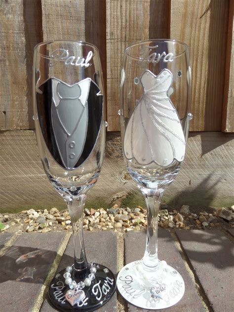 1 year wedding anniversary invitation with wine glasses. Personalised hand painted Glass Champagne Flutes bride and ...