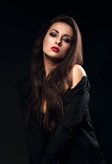 Beautiful Brunette Female Model With Long Hair Posing In Black S Stock Image Image Of