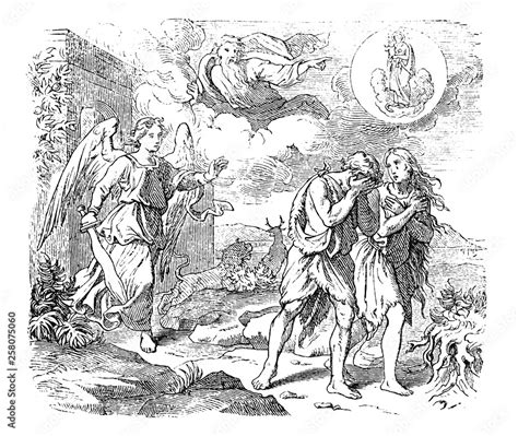 Vintage Antique Illustration And Line Drawing Or Engraving Of Biblical Adam And Eve Leaving
