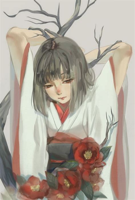 Anime Art Girl Kimono Traditional Clothes Tree