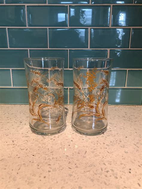 Retro Vintage Libbey Golden Wheat Tumbler Glasses Set Of 2 Etsy