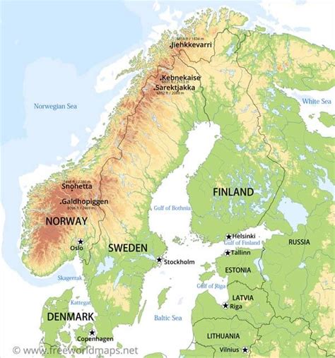 Physical Map Of Scandinavia Norway Sweden Finnland Denmark Iceland