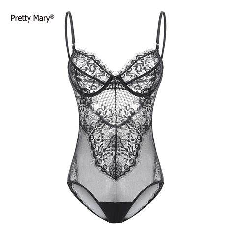 Pretty Mary Women Bodysuits Coverall Eyelash Look Mesh Lace Teddies Sexy Lingerie Set Push Up