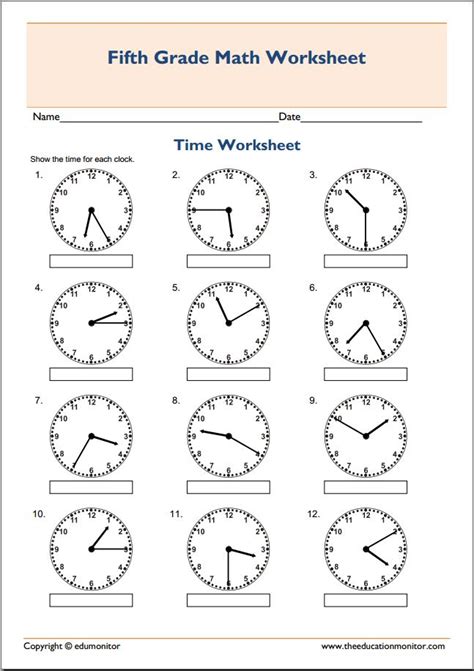 5th Grade Math Worksheets Telling Time