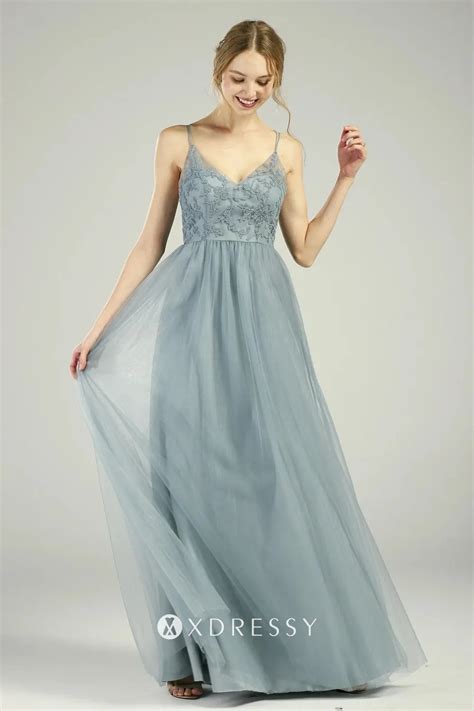 dusty blue lace and tulle criss cross strap back dress xdressy