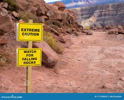 Sign Watch For Falling Rocks Grand Canyon Stock Image Image Of