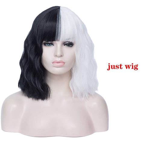 aidoufen anime cruella de vil short cruly half black and half white cosplay wig heat resistant