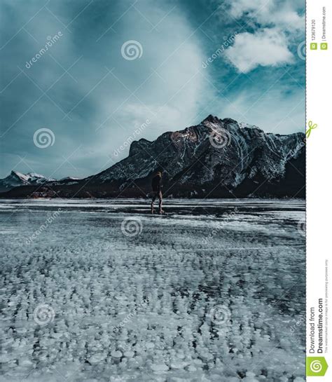 Man Walks Across Frozen Bubble Lake In Alberta Stock Photo Image Of