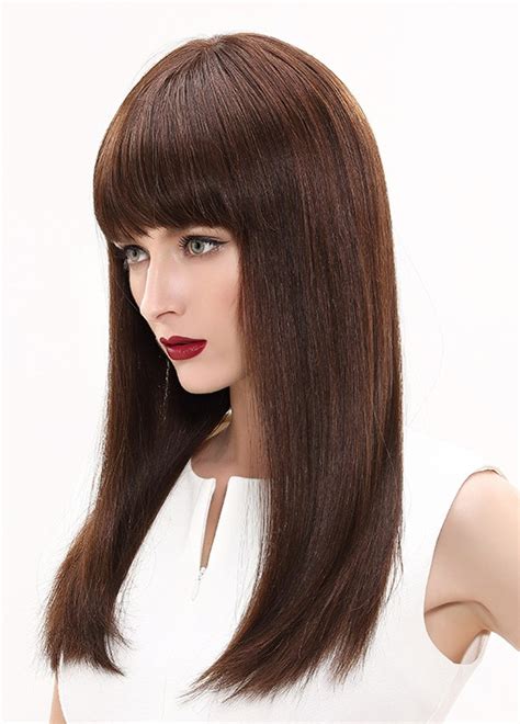 100 Human Hair Long Straight Wigs With Full Bangs