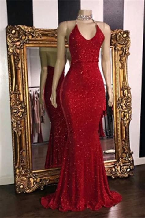Simple V Neck Red Glitter Sequins Mermaid Halter Backless Prom Dresses