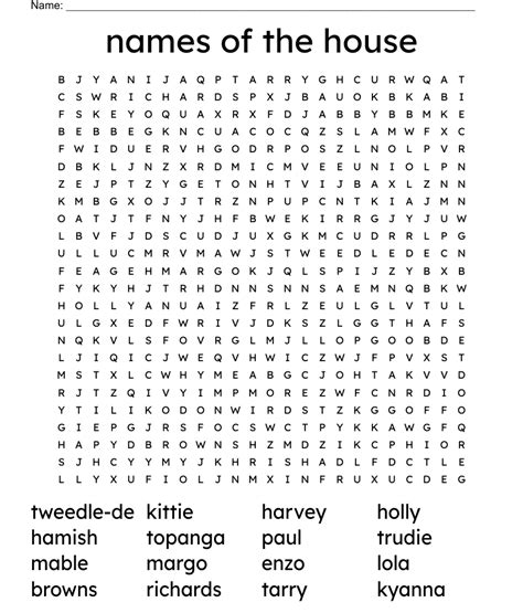 Names Of The House Word Search Wordmint