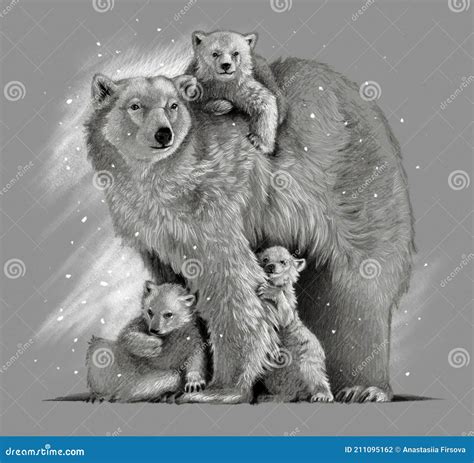 Polar Bear Mother With Three Cubs On A Gray Background Pencil Sketch