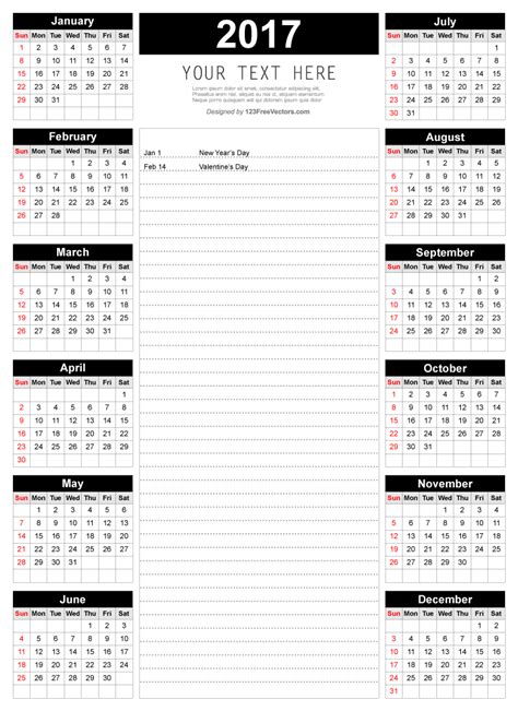 Printable 2017 Calendar Template With Notes