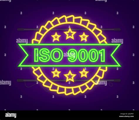 Iso 9001 Certified Badge Neon Icon Certification Stamp Vector Stock