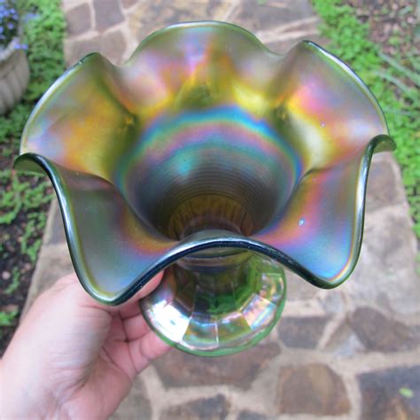 Antique Northwood Green Graceful Carnival Glass Vase Carnival Glass