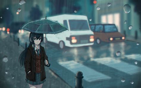 Desktop Wallpaper Walk Anime Girl Rain Umbrella Street Hd Image