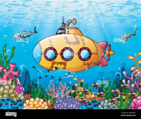Ilustración Vectorial De Cartoon Submarino Subacuático Imagen Vector De